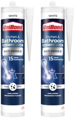 UniBond Anti-Mould White, Waterproof Mould Protection, Long-lasting White Silicone Sealant for Kitchen & Bathroom, Powerful Bath Sealant, 1 x 274g Cartridge (Pack of 2) option