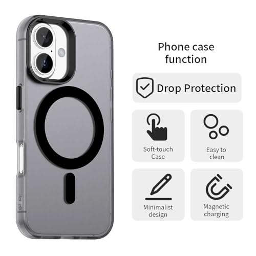 Image of Elzzi Translucent Matte Back Cover for iPhone 16 Case, Shockproof Anti-Fingerprint Phone Cover with Magnetic Wireless Charging, MagSafe Compatible Protective Case for Men & Women (Black)