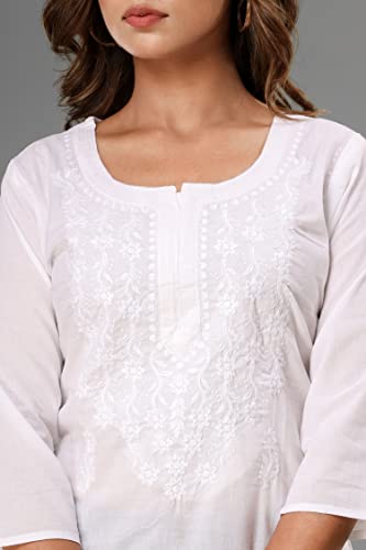 Image of Lucknowi Chikan Embroidered Short Casual White Kurti for Women