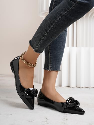 Women Patent Leather Pointed Toe Ballet Flats with Chain Embellishment Daily Shoes3