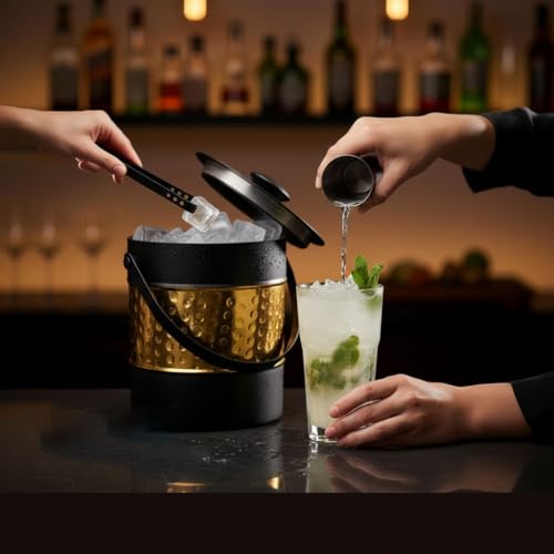 Image of FINALITY Stainless Steel Double Walled Insulated Ice Bucket with Lid with Tong and V Peg Measure, 1.5 Liter| (Black with Gold Hammered IB+Tong+Peg Measure)