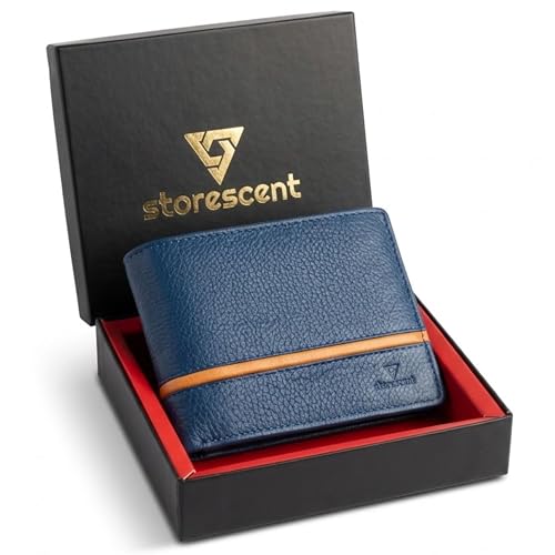 Image of Storescent Premium Genuine Leather Wallet for Men | Men's RFID Blocking Slim Purse | Hand-Stitched Pure Leather Gents Wallet (Blue)