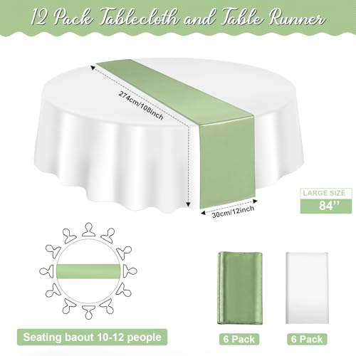 Image of 12Pack 12x108 Inch Satin Table Runner and 84 Inch Round Plastic Tablecloths White Sage Green Disposable Round Table Cover for Graduation Wedding Bridal Shower Anniversary Birthday Party Decorations