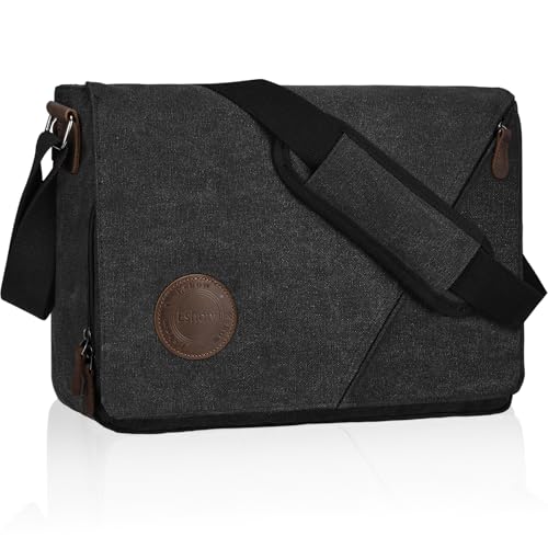 Eshow Umhängetasche Herren 15,6 Zoll Wasserabweisend, Laptoptasche Messenger Bag aus Echtleder und Canvas, Arbeitstasche Schultertasche Vintage für Arbeit Uni Freizeit Büro Schwarz