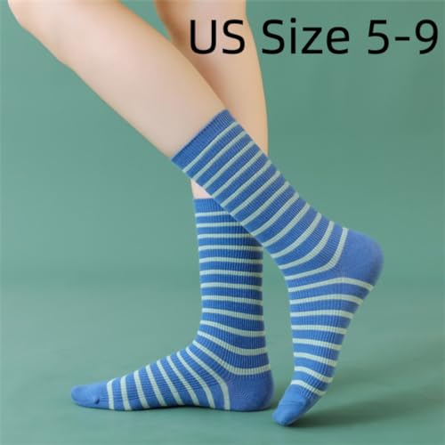 Striped Socks High Ankle Women Cotton 8 Pairs Double-Needle Retro Style Cute Casual Crew Socks2