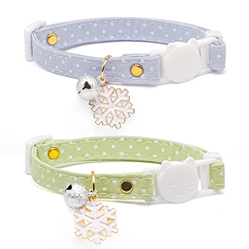 2 Pack Cotton Breakaway Cat Collar with Bell Green&Blue White Snowflake Pendant Cute Kitten Cat Collar Suitable for Girls and Boys