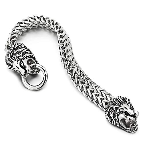 COOLSTEELANDBEYOND Vintage Biker Mens Steel King Lion Head Franco Box Link Chain Bracelet Spring Ring Clasp3
