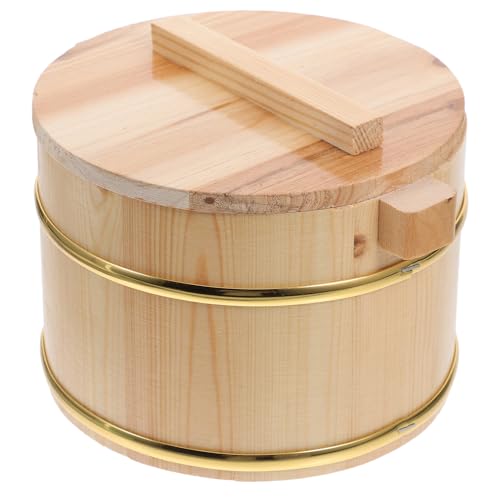 BESPORTBLE 1 Unidad de Cubo de Arroz Cocido para Sushi y Sashimi, Recipiente Redondo de Madera Tapa para Servir y Mezclar Arroz en Restaurantes, Fiestas y Cenas en Casa