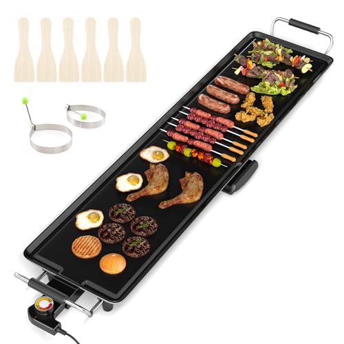 COSTWAY Teppanyaki Grill 1800W, Elektrische Grillplatte, Antihaft Tischgrill mit Einstellbarer Temperatur, Thermostat und Fettauffangschale, Elektrogrill für drinnen & draußen (90cm)