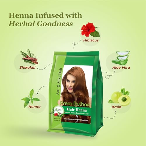 Prem Dulhan Hair Henna 125 g/4.40 Ounce for Vibrant & Long-Lasting Results, Natural Brown Shade, Ammonia-Free & PPD-Free Coloring, Sachets (Natural Brown, 4.4 Ounce (Pack of 5))