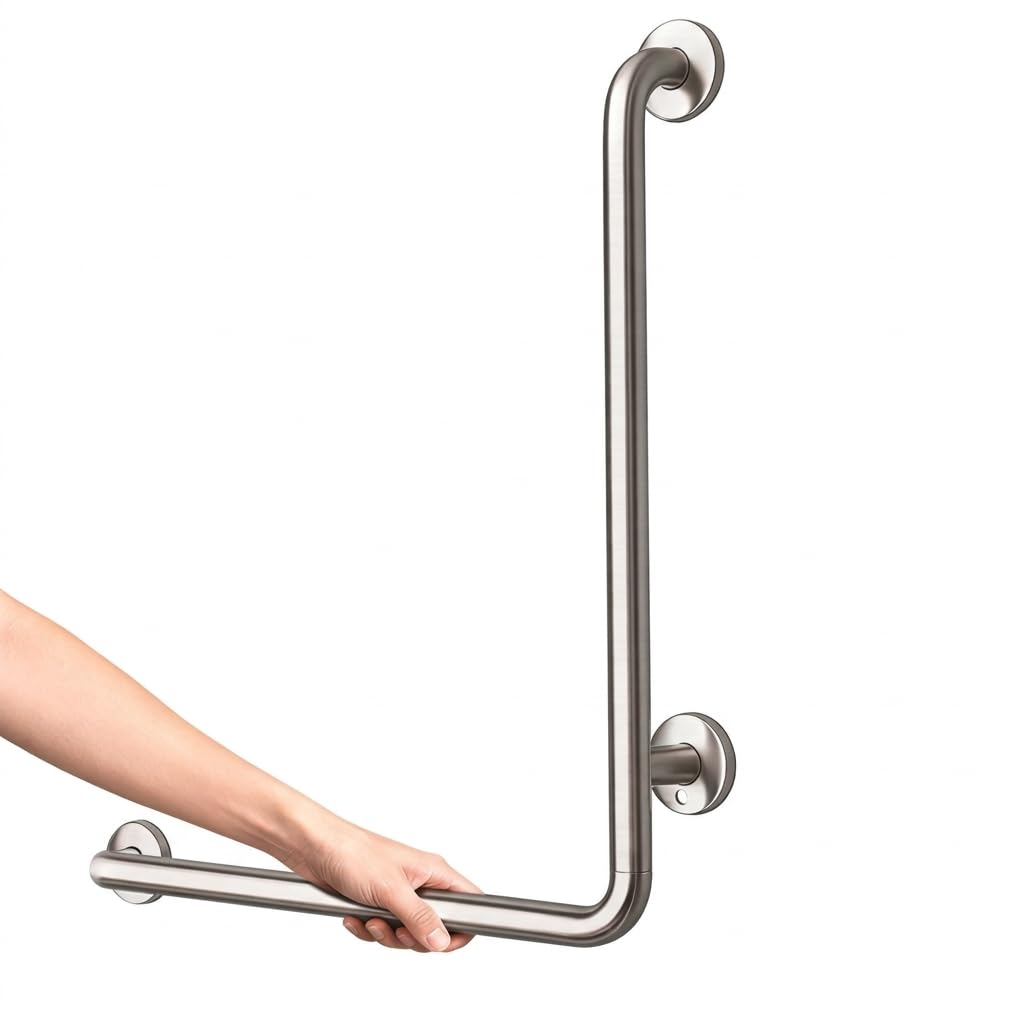 Maniglione Bagno Disabili, Maniglia Doccia Acciaio Inox 304 70x50cm | Sinistra, Barra di Sicurezza e Sostegno ad Angolo L per WC, Supporto Parete per Anziani e Disabilità