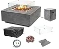 AMS Creations | Albany 36 inches Square Propane Gas Outdoor Fire Pit Table | Concrete GFRC Fire Pit Table | with SS Lid, Canvas Cover, Tank Cover, Lava Rock and Wind Guard Included