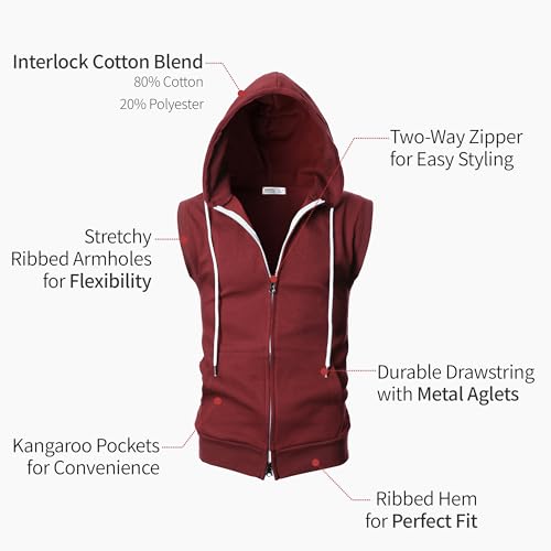 Image of Ohoo Mens Slim Fit Sleeveless Lightweight Zip Up Hooded Sweatshirt Vest Hoodie