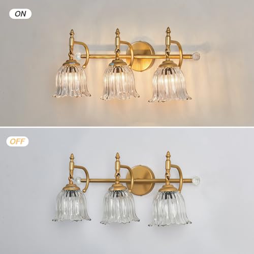 Image of CVKASH 3-Light Bathroom Vanity Light Fixtures Over Mirror,Brushed Gold Modern Vanity Lights with Glass Shade Vintage Wall Sconce for Bedroom Dressing Room Living Room Hallway Cabinet