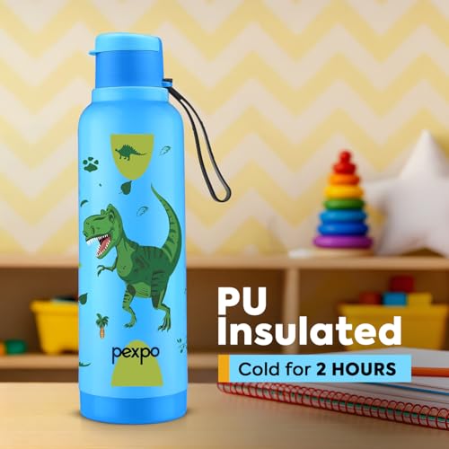 Image of Go24 pexpo Sonnet 700 PU Insulated Stainless Steel Water Bottle for Kids - 500ml (Pack of 2) | Flip-Top Cap | Leakproof & BPA Free| Carry Strap | for School, Picnic, Outdoor - Blue Dinosaur Print