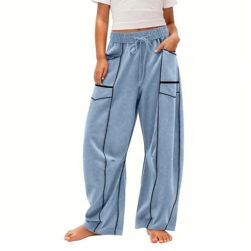 Kids Girls Stylish Striped Straight Sweatpants Elastic High Waist Baggy Joggers Comfy Casual Trousers for Junior Girls