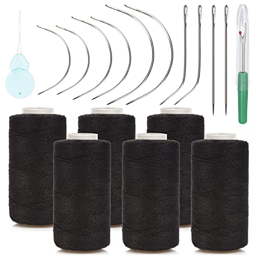 XCZYN Needle and Thread Set Professional Hair Extension Tools 10Pcs Curved Needle with 6Pcs Black Threads for Making Wig DIY Hand Sewing Hair Weave Extension (6 Thread, Black)