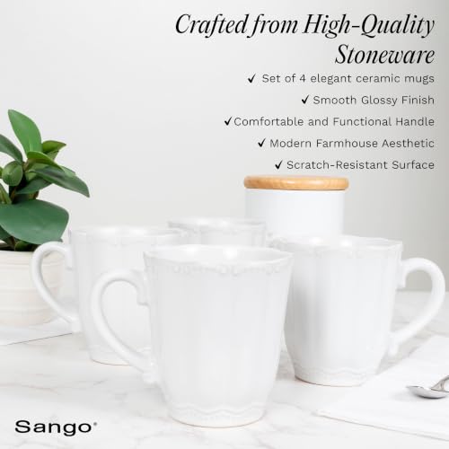 Image of SANGO Bethany White Mugs Set of 4, 15 oz Stoneware White Coffee Mugs, Vibrant Ceramic Drinkware for Coffee, Tea or Cocoa, Durable Everyday Cups, Dishwasher & Microwave Safe, Kitchen Mug Set