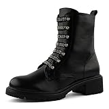  Fusskleidung Damen Stiefeletten Schlupf Stiefel Biker Boots Worker Combat Strass Schuhe Schwarz EU 40