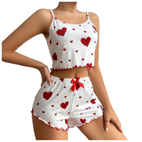 Pijamas Mujer Verano Corto con Estampado de Corazón Camiseta sin Mangas y Pantalones Cortos, Ropa de Dormir Sexy Conjunto de Pijama Suave y Cómodo Sleepwear Lindo (Blanco + Rojo, S)