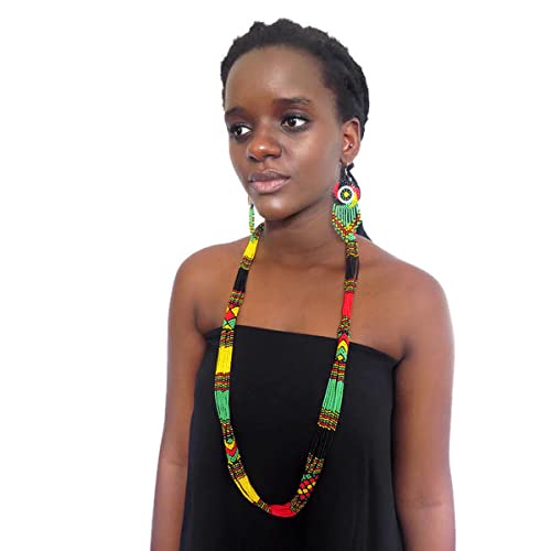 African Zulu beaded long necklace – Rasta colours