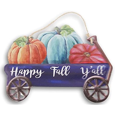 Fantastic Fall Metal Harvest Wagon Sign with Pumpkins and Jute Hanger - 10.75 x 8.5 Inches (Blue (Happy Fall Y'all)) Cover