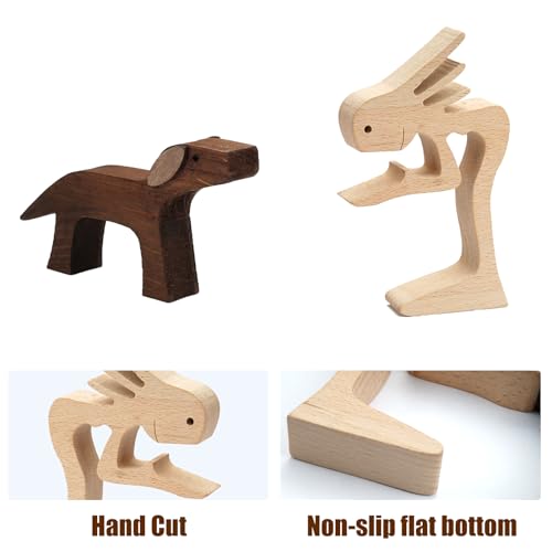 TESSTSY Holzfiguren Skulptur Ornamente Set, Holzschnitzerei von Hunden und Menschen, Abstrakte Stil Menschen mit Hund Statue, Holzschnitzerei für Hunde für Zuhause, Büro, Schlafzimmer (Frau und Hund)