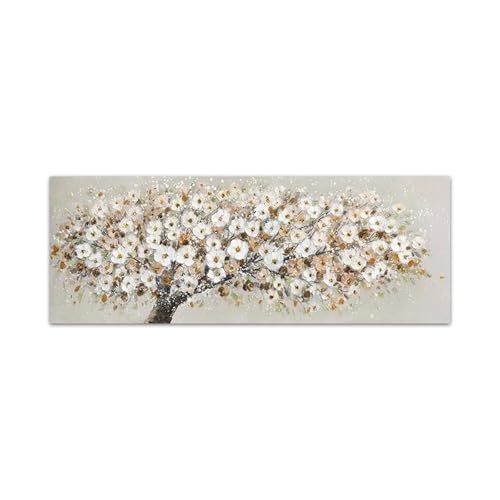 Tableau peinture abstraite arbre fleurs blanches pour mur vide salon