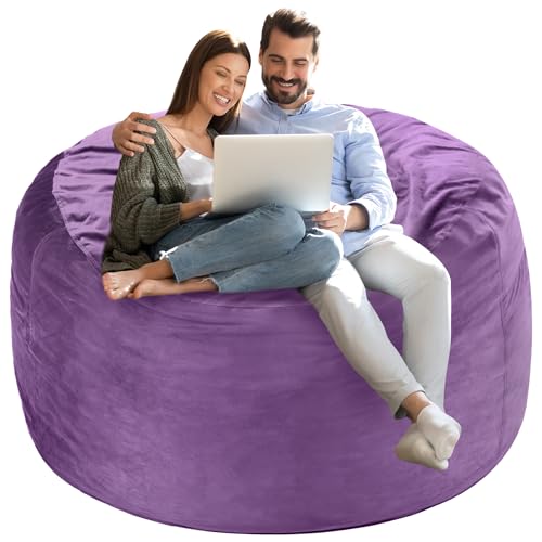 Homguava 4 FT Bean Bag Chair: 4' Bean Bags with Memory Foam Filled, Large Beanbag Chairs Soft Sofa with Dutch Velvet Cover-Purple