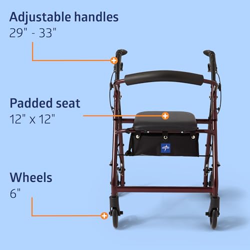 Medline Aluminum Rollator Walker with Seat, Burgundy, 250 lb. Weight Capacity, Lightweight, 6” Wheels, Foldable, Adjustable Handles, Rolling Walker for Seniors by Medline - Image 5
