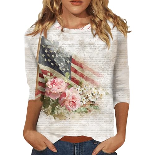 Women Tops Dressy Casual Flag Printed Shirts Star and Stripe 0 Neck Blouse 3/4 Length Sleeve Fashion T Shirt