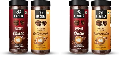 Image of Bevzilla 200g Classic & 200g Butterscotch Flavoured Instant Coffee Powder | Perfact For Espresso, Latte & Cappuccino | Hot & Cold Brews (Pack of 2)