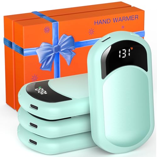 Hand Warmers Rechargeable, 4 Pack Electric Hand Warmer with Gift Box, LED Battery and Temperature Display, Quick Heating Portable Pocket Heater, for Men Women, Camping, Hunting Cyan