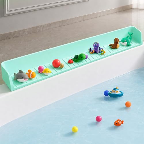 Bathtub Splash Guard for tub Kids& Bath Shelf for Kids Toddler Bath Tray Bath Toys Storage & Ledge Organizer Splash Guard for Bathtub with Suction Cups Kids Bathroom Accessories(2.6FT Green)
