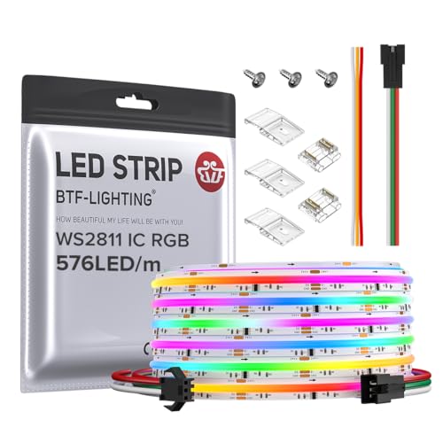 BTF-LIGHTING FCOB WS2811 IC RGB COB LED Strip DC24V 576LED/m 16.4FT Flexible High Density Color Chasing Uniform Light 16IC/m 10mm Width for Indoor Lighting Project(No Adapter or Controller)