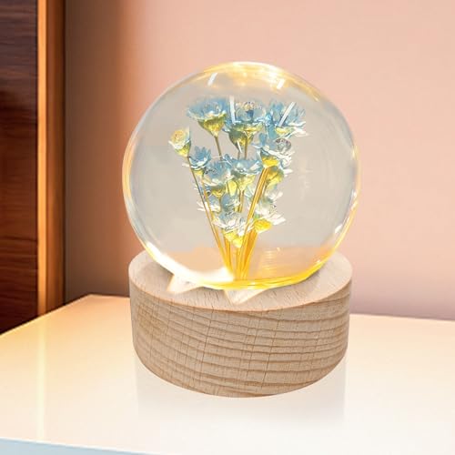 Image of Blue Daisy Lamp,2.4-Inch Flower Crystal Ball Night Light, Real Daisy Inside with Wood Base, Warm Bedroom Glow (Blue Daisy)