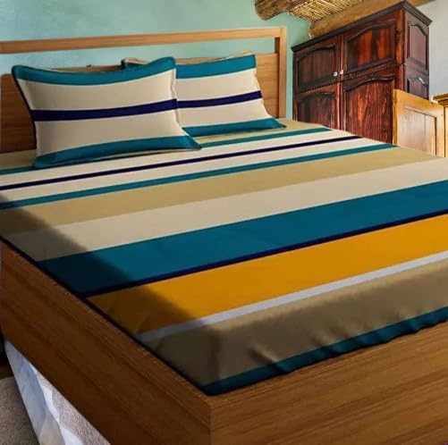 Image of New Town Cotton Feel Glace Cotton Elastic Fitted Printed Queen Size Double Bed Bedsheet with Matchig 2 Pillow Covers Fits Upto 8 Inches Mattress Size Safari 1105