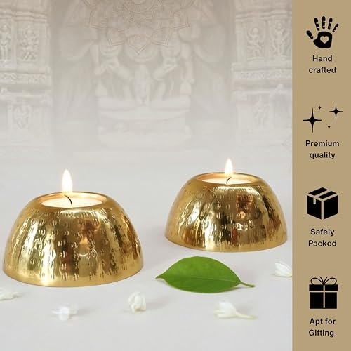 Image of BEHOMA Pebble Bowl Metal Tealight Candle Holders Set | Gold Hammered Decorative Tealight Holder for Home Decor | Luxury Table Accent Romantic Ambient Lighting | Candle Set (8.5 cm, Pack of 2)