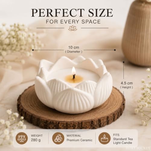 Image of FairyBucket Lotus Scented Candle with Reusable Concrete Tea Light Holder | Vanilla Fragrance Soy Wax Candle | Handcrafted White Lotus Candles for Home Decor, Bedroom, Living Room & Gifting