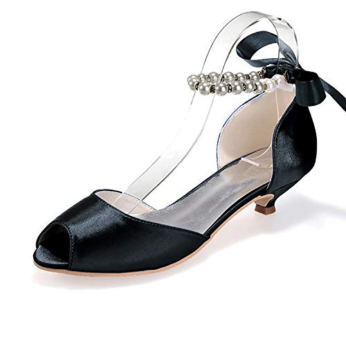 Women's Pearl White Wedding Shoes for Bride Low Heel Open Toe Satin Bridal Shoes Prom Party Dress Pumps Sandals