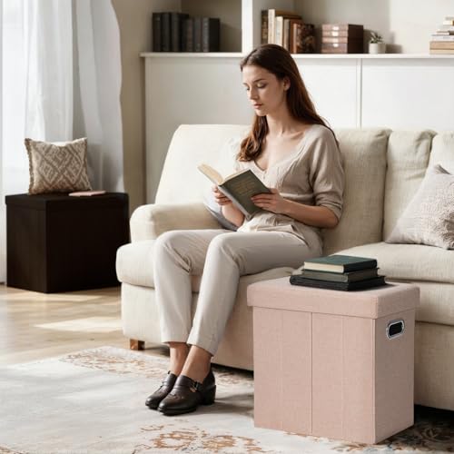 COSYLAND Collapsible Tall Fabric Ottoman with Storage & Lid, Pink
