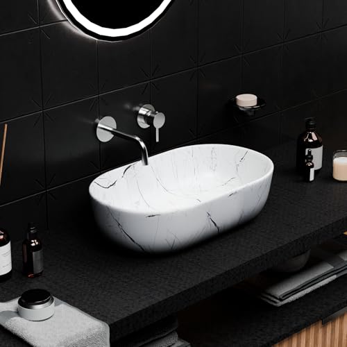 Image of InArt Table Top Wash Basin For Bathroom | Over Counter Top Wash Basin For Living Room | Washbasin Countertop | Tabletop Ceramic Bathroom Kitchen Sink (55 x 35 x 14 CM) (White - Marble Design)