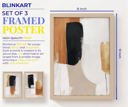 Image of BLINKART Set of 3 NAVY OCHRE BRUSHSTROKE Natural Brown Frame Painting for Wall Decoration - Modern Art Wall Decor Framed Painting for Living Room Bedroom - Framed Wall Posters /Paintings (8X12 inch)
