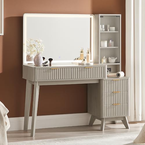 Image of T4TREAM 48 inch Fluted Makeup Vanity Desk with 36 inch Lighted Mirror, White Alder