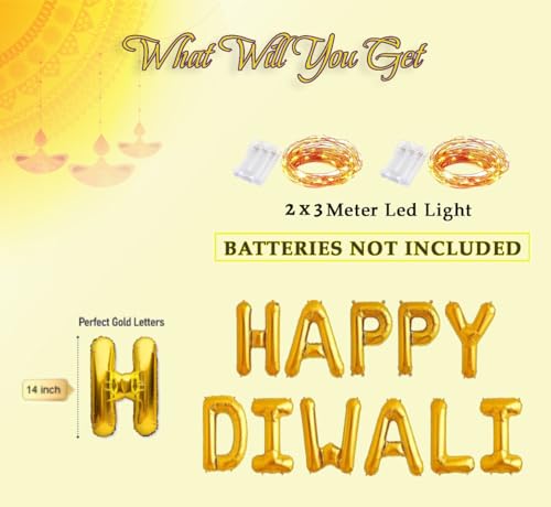 Image of AMFIN (Pack of 3) Happy Diwali Foil Balloon with LED Light - Gold