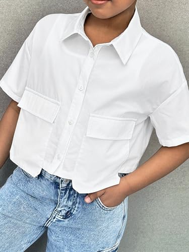 SHENHE Girl's Summer Button Down Short Sleeve Cropped Shirt Collared Blouse Top with Pockets2