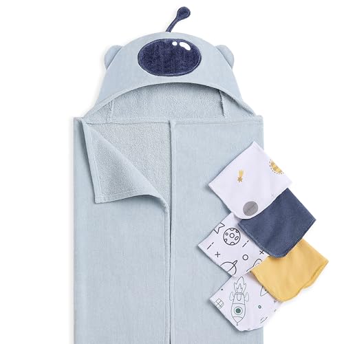 Image of Evolur AstroNap 6 pc Baby Gift Set, Includes Hooded Towel & 5pc Wash Cloths, Soft and 100% Cotton Woven, for Newborn, Infants and Toddlers 0-9 Months