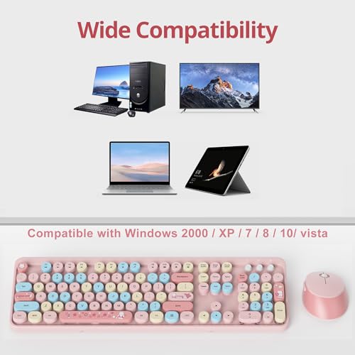 Image of Fogruaden Pink Keyboard and Mouse Wireless, Retro Typewriter Keyboard, 2.4GHz 104 Keys Full Size Cute Keyboard with Number Pad, Pink Colorful Keyboard with Retro Round Keycaps for Windows PC Laptop