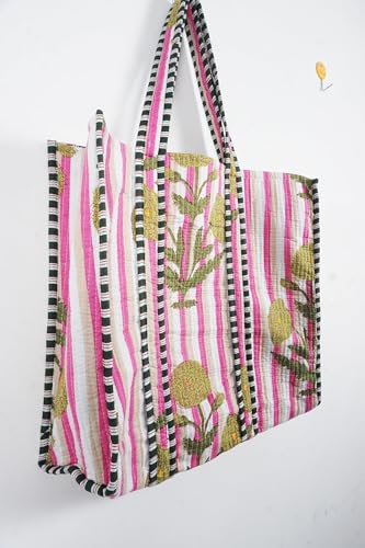 Image of Quilted Cotton Handprinted Reversible Large multicolor Floral Tote Bag,Hand Block Print Shopping Shoulder Carry Bag