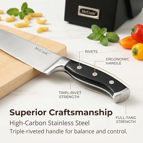 Image of McCook Knife Sets,German Stainless Steel Kitchen Knife Block Set with Built-in Sharpener, 20-Piece Razor-Sharp Kitchen Knives, Forged Triple Rivet,Full Tang,Ergonomic Handle,Elegant Box for Gift